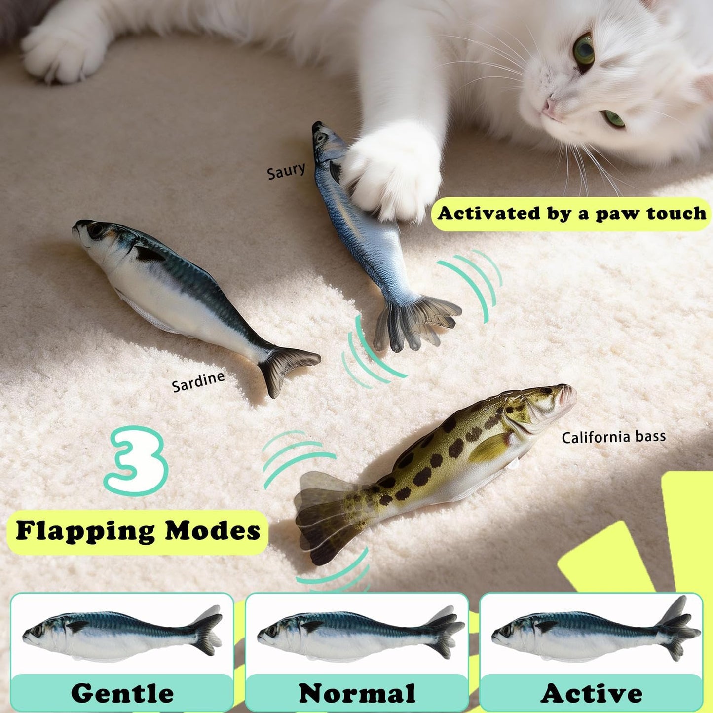 Realistic Floppy Fish Cat Toys, 3 Pack Mini-Sized, Moving Cat Toy Flopping Fish for Indoor Kitten, Sardine/Saury/Bass Interactive Cat Toys, Touch Activated, Rechargeable.