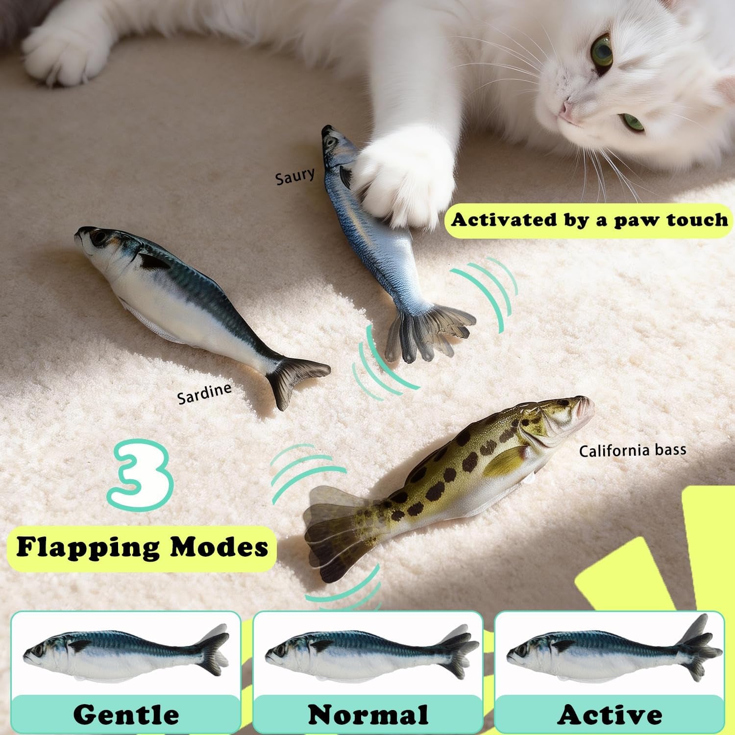 Realistic Floppy Fish Cat Toys, 3 Pack Mini-Sized, Moving Cat Toy Flopping Fish for Indoor Kitten, Sardine/Saury/Bass Interactive Cat Toys, Touch Activated, Rechargeable.