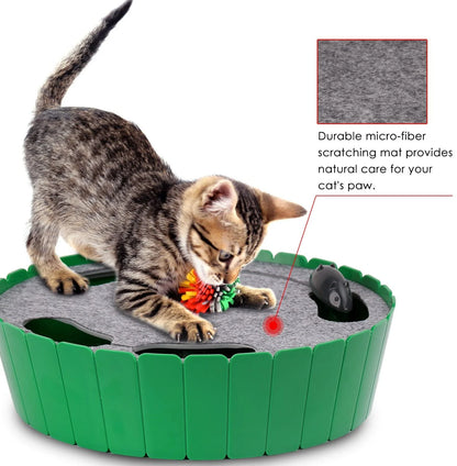 Cat Toy with Running Mouse, Motion Cat Toy Teaser for Indoor Cats, Pop and Play Hide Seek Cat Toy Hunting Mouse for Pet Cat Kitten Play Fun Exercise, Green