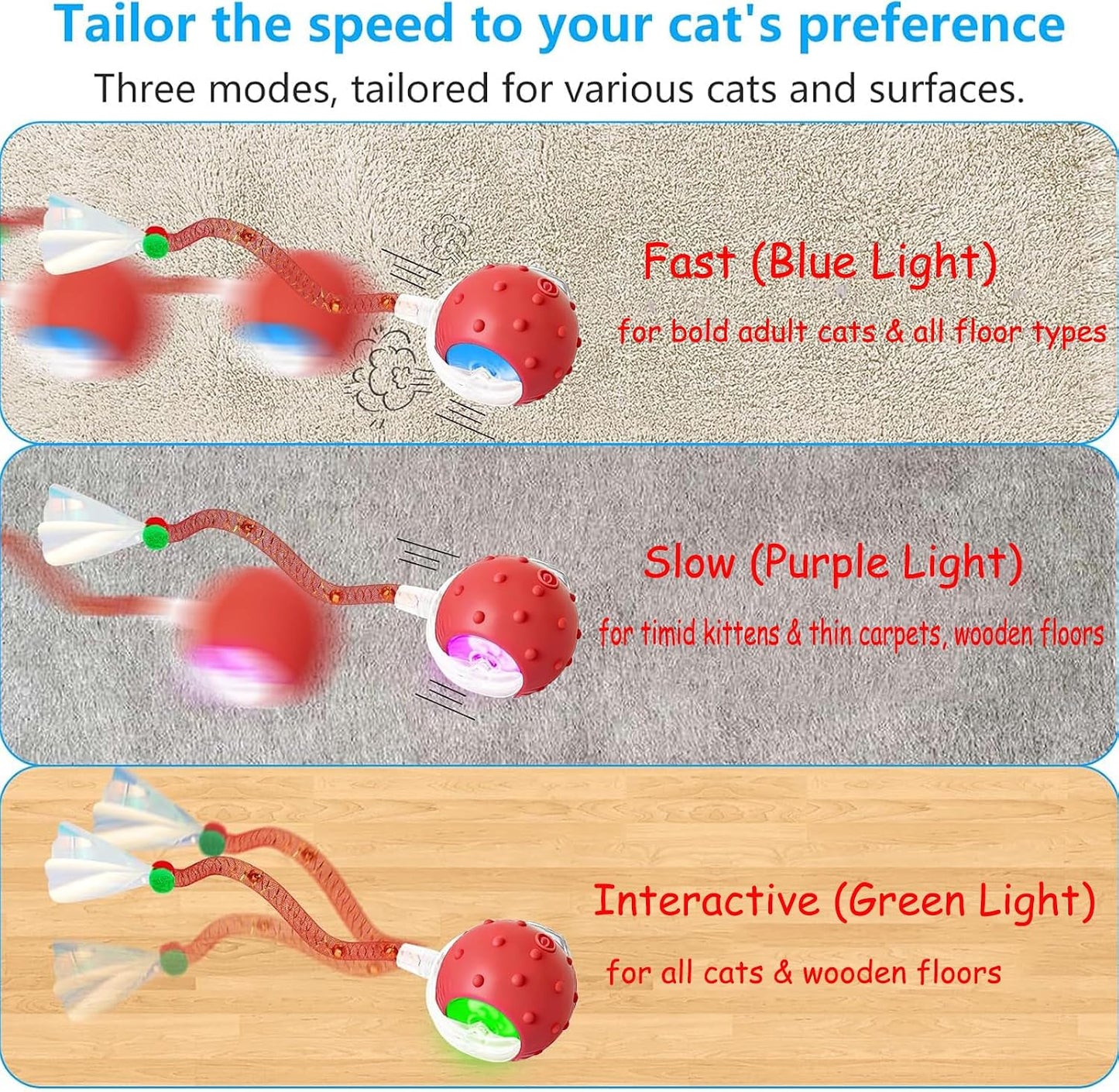 2PCS Interactive Cat Toys for Indoor Cats with 6 Tails, Automatic Cat Toy Fast Rolling on Carpet/ Wooden Floor/ Tiles, Rechargeable Kitten Toys for Small/ Medium/ Large Cats to Enrichment Exercise