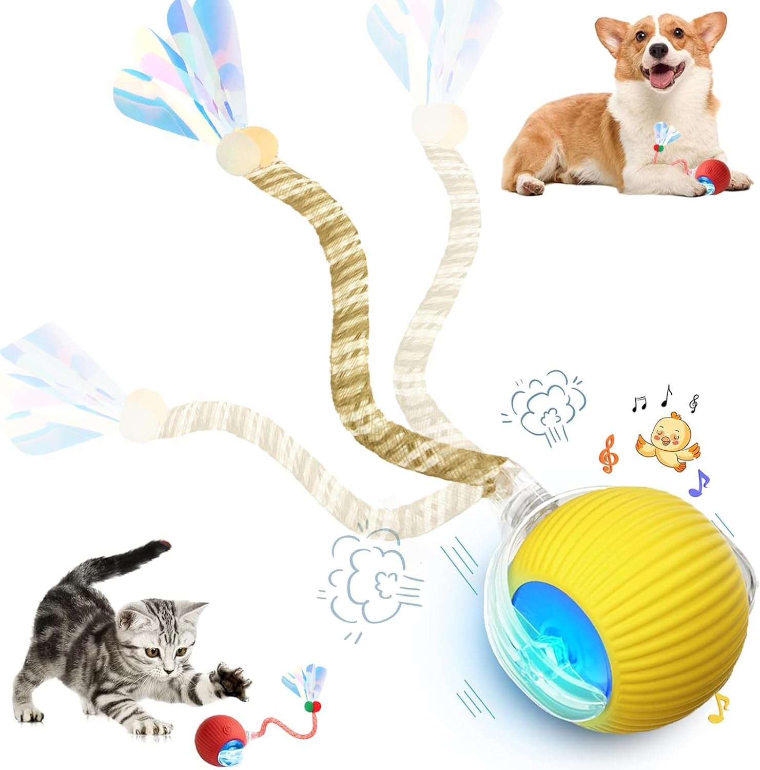 Speed 2.0 Tail Interactive Cat Toys for Indoor Cats, Chirping & Motion Activate Cat Toy, Smart Kitten Rolling Ball Moving Ball Toys, Rechargeable Dog Cat Bal L for Enrichment Exercise (Yellow)