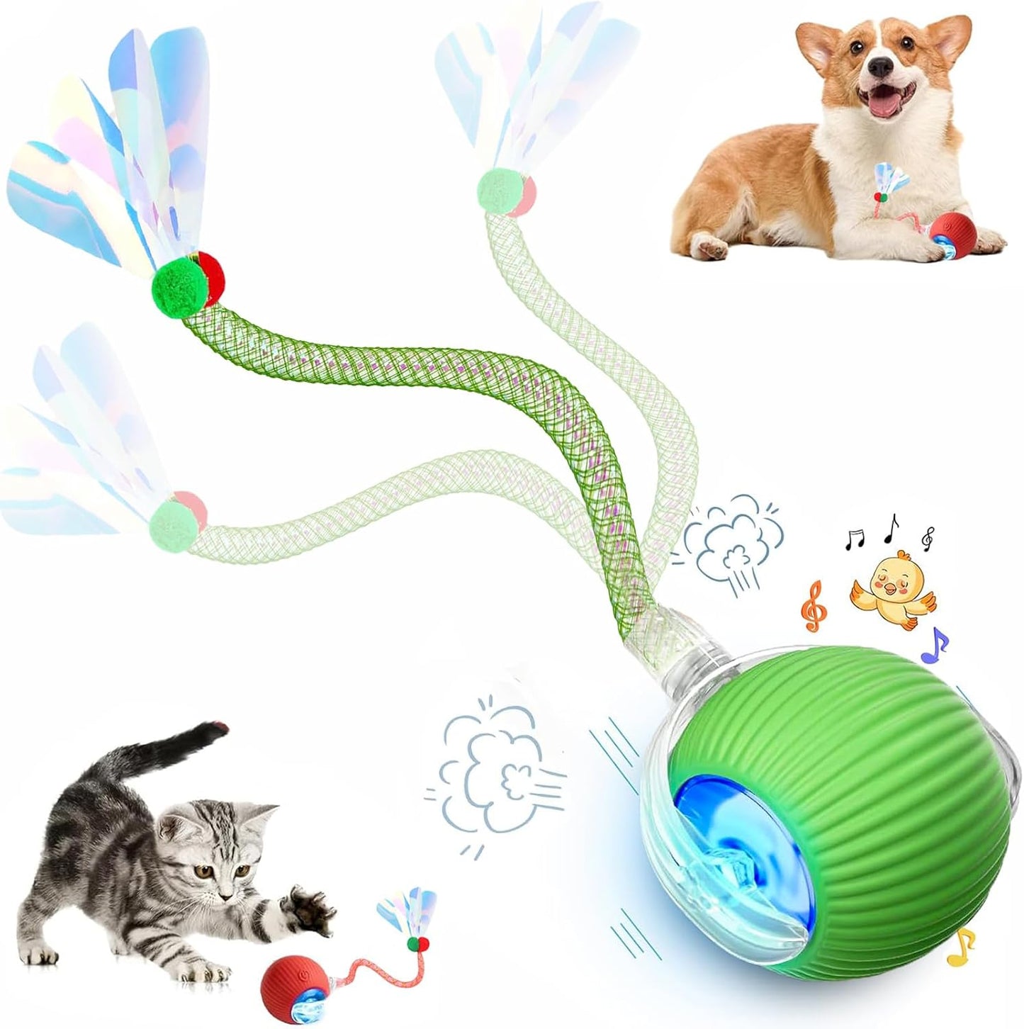 Speed 2.0 Tail Interactive Cat Toys for Indoor Cats, Chirping & Motion Activate Cat Toy, Smart Kitten Rolling Ball Moving Ball Toys, Rechargeable Dog Cat Bal L for Enrichment Exercise (Green)