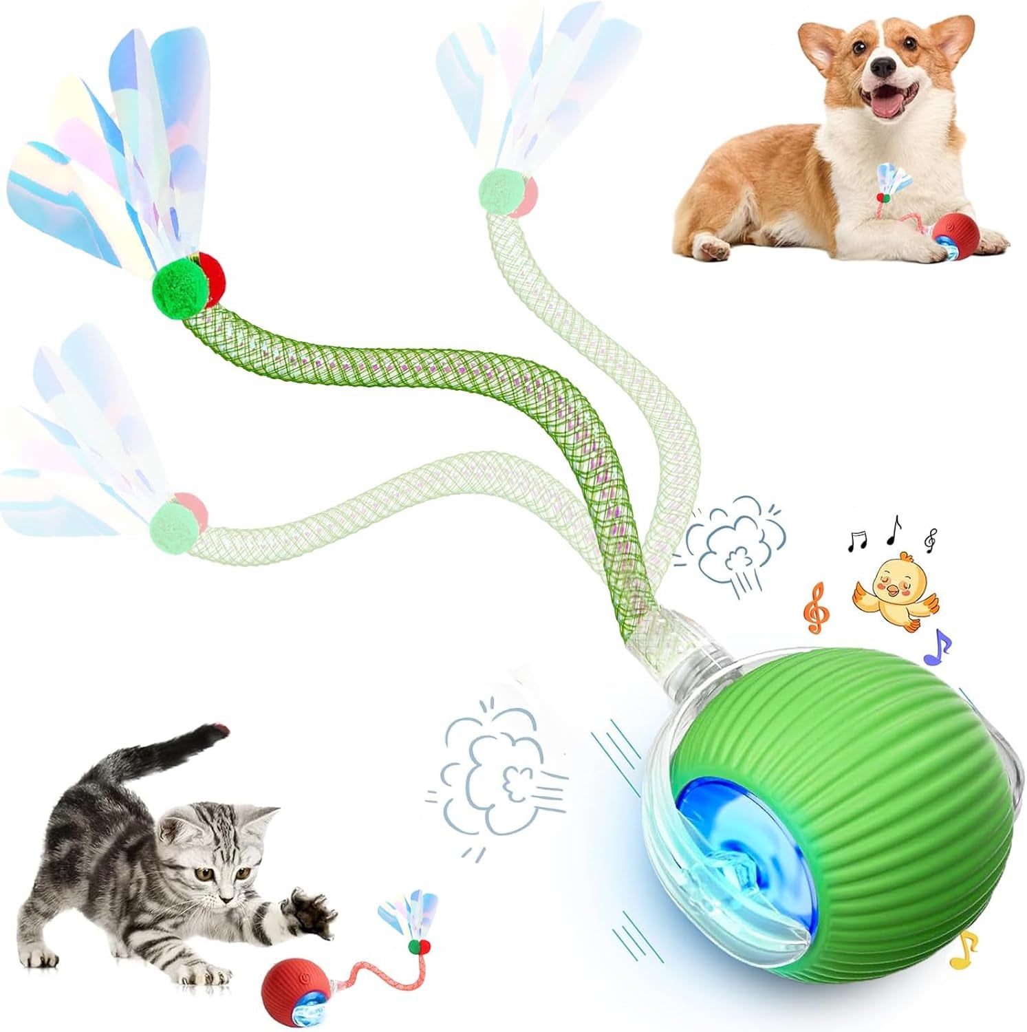 Speed 2.0 Tail Interactive Cat Toys for Indoor Cats, Chirping & Motion Activate Cat Toy, Smart Kitten Rolling Ball Moving Ball Toys, Rechargeable Dog Cat Bal L for Enrichment Exercise (Green)