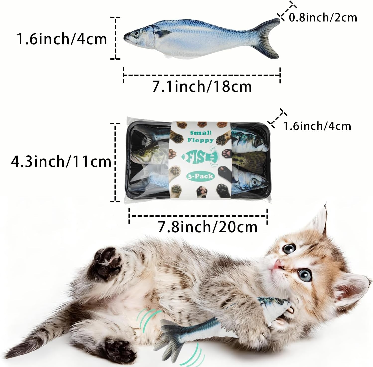 Realistic Floppy Fish Cat Toys, 3 Pack Mini-Sized, Moving Cat Toy Flopping Fish for Indoor Kitten, Sardine/Saury/Bass Interactive Cat Toys, Touch Activated, Rechargeable.